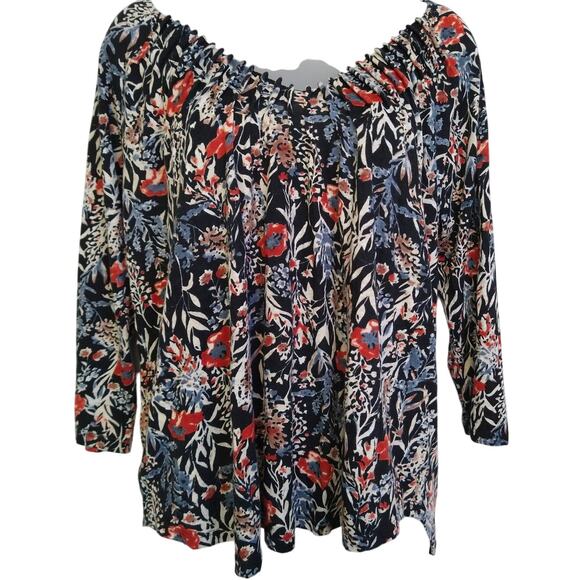 Lucky Brand Boho Floral V-Neck Peasant Top Size M Asymmetrical Hem - Picture 1 of 12
